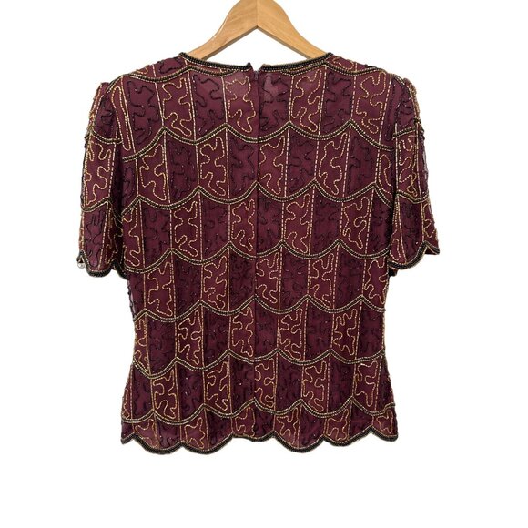 Stenay Fully Beaded Silk Blouse Size Large Brown Shoulder Pads Evening Top - Picture 2 of 6